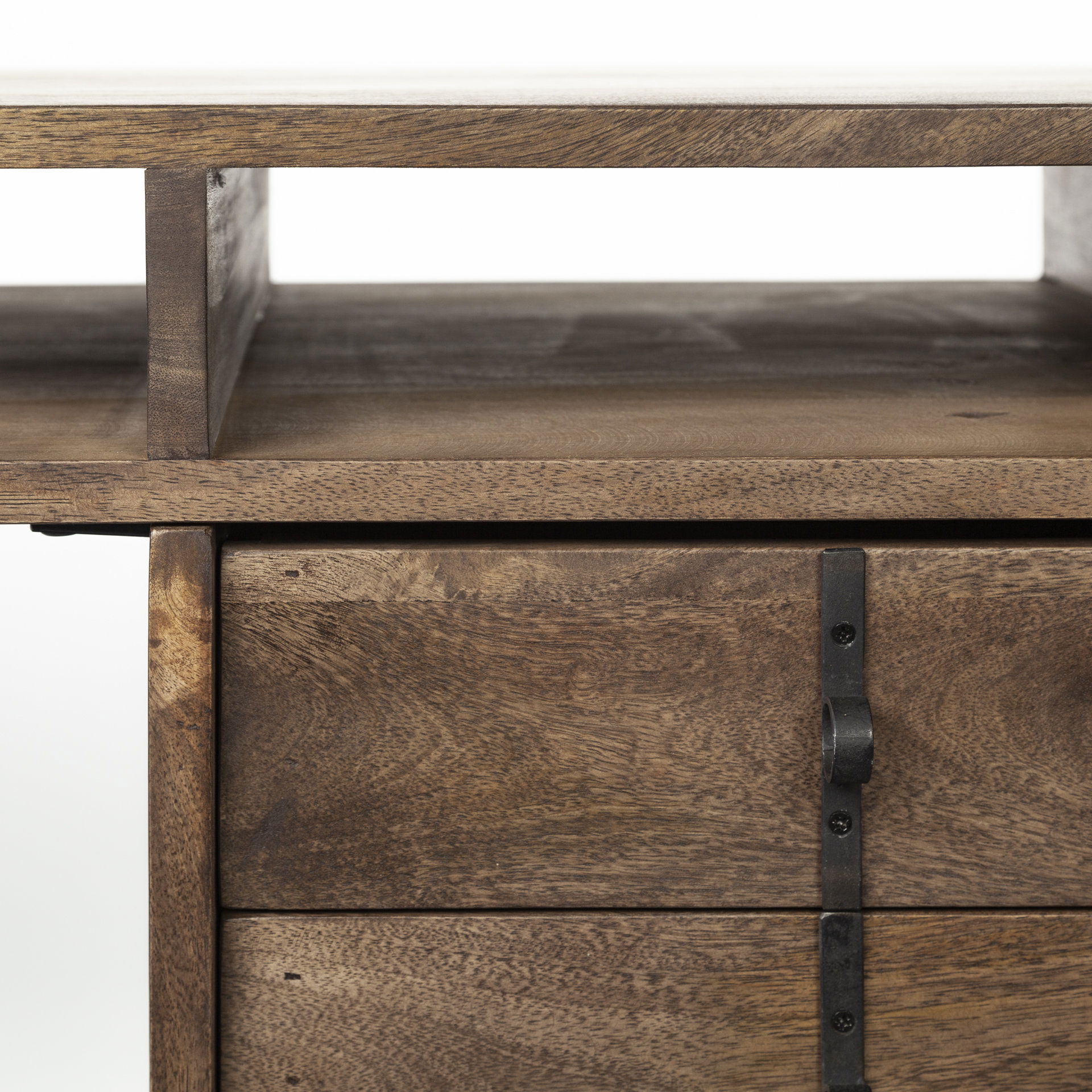 Glenn VII 56L x 22W Dark Brown Wood with Black Iron Frame, 3 Drawer Office Desk, by Mercana, 55.5" length x 22" width x 31" height View 10