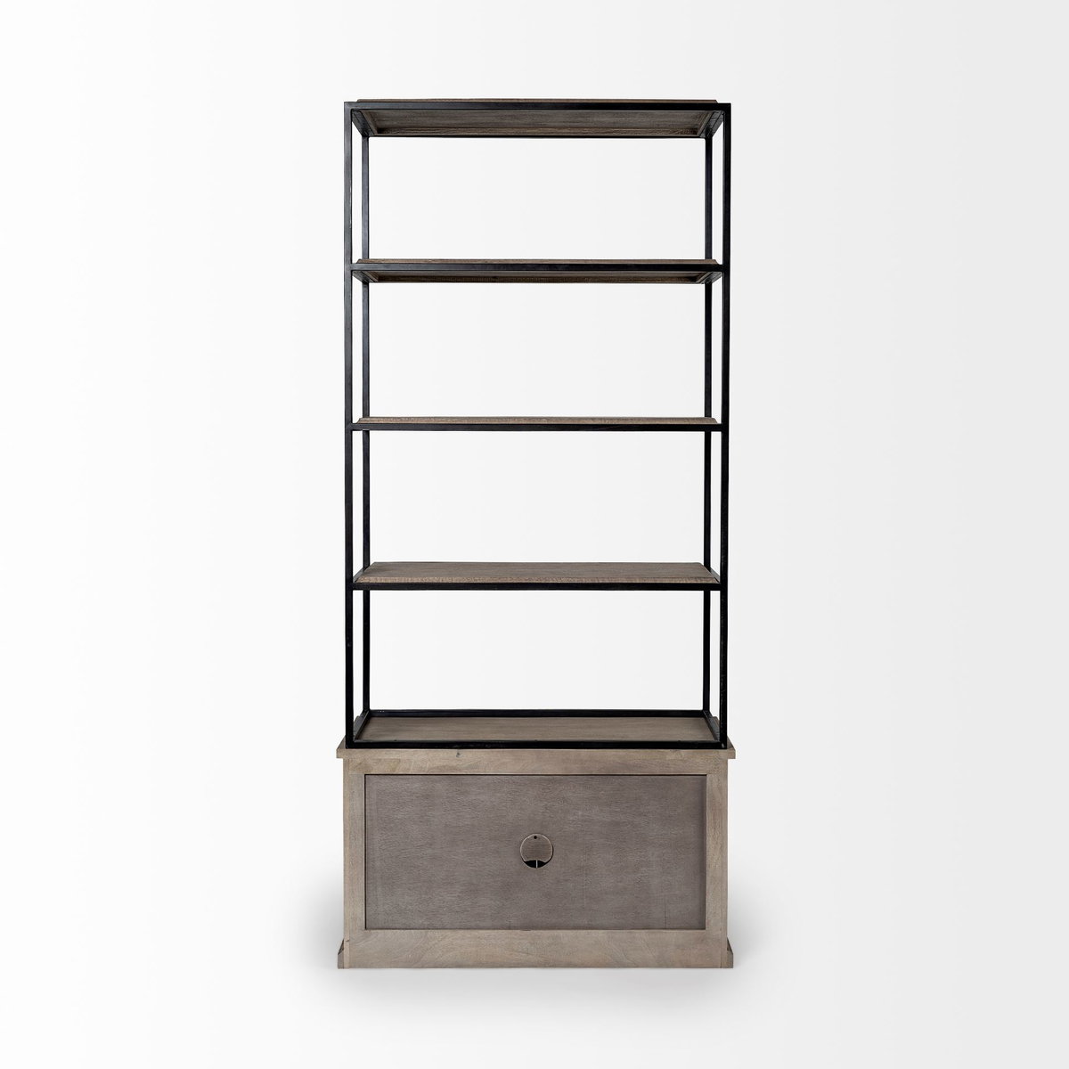 Braxton II Light Brown Wood and Iron Three Shelf Shelving Unit 41.5L x 18.5W x 9, Shelving & Bookcase by Mercana, 41.5" length x 18.5" width x 90" height View 6