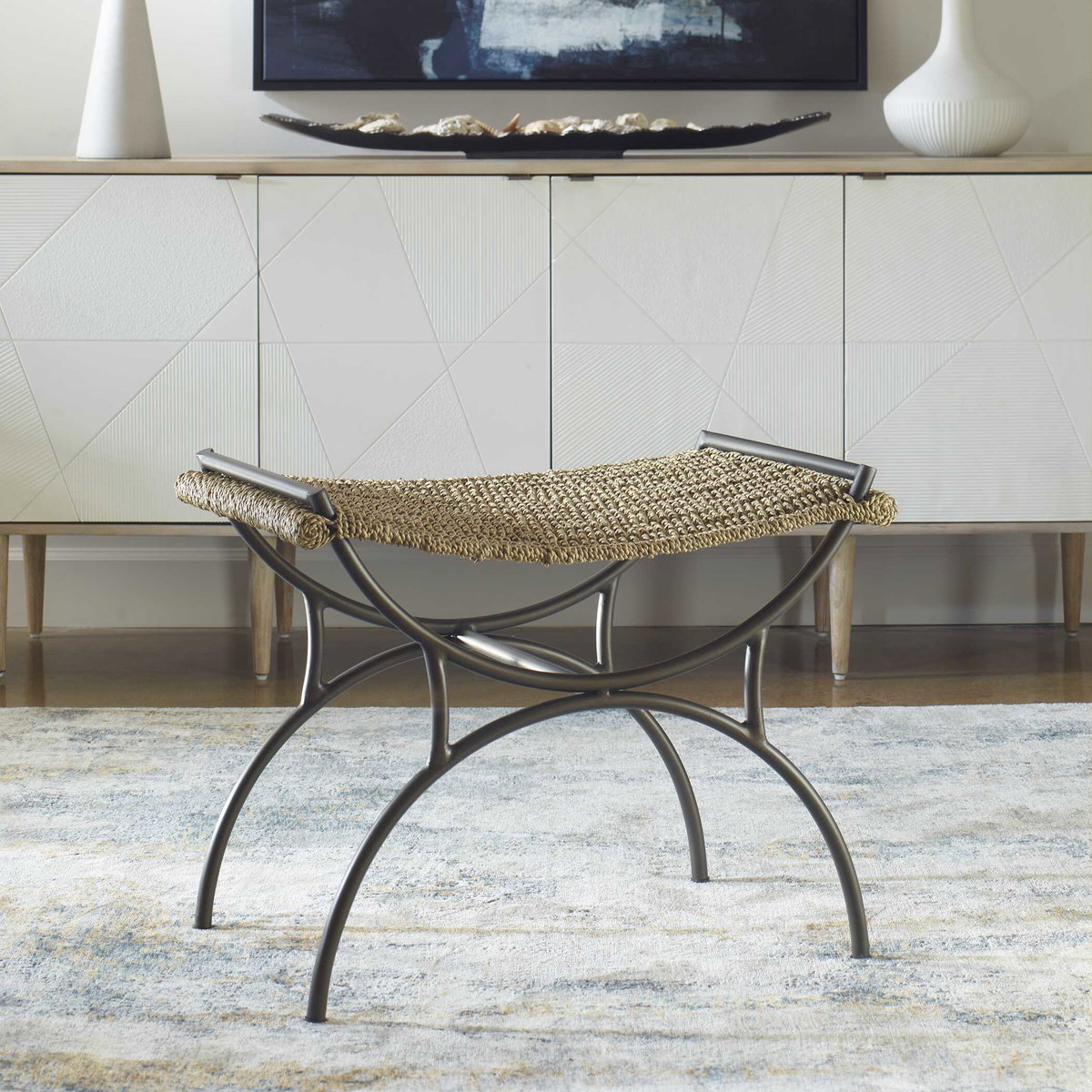 Playa Seagrass Small Bench, Benche by Uttermost, 26.25" width x 21.25" height x 18" depth View 2