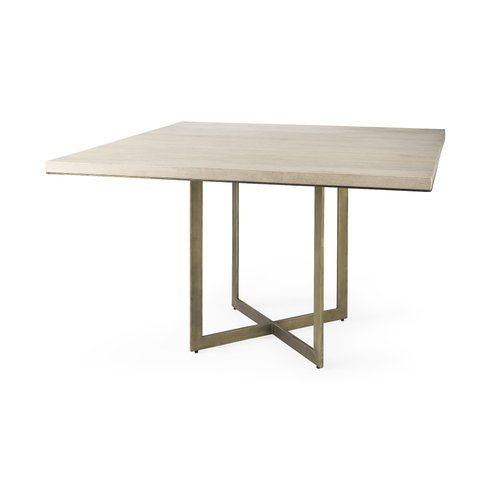 Faye 48"L x 48"W Square Dining Table | Modern | Beige Wood & Antique Gold Metal | Seats 4