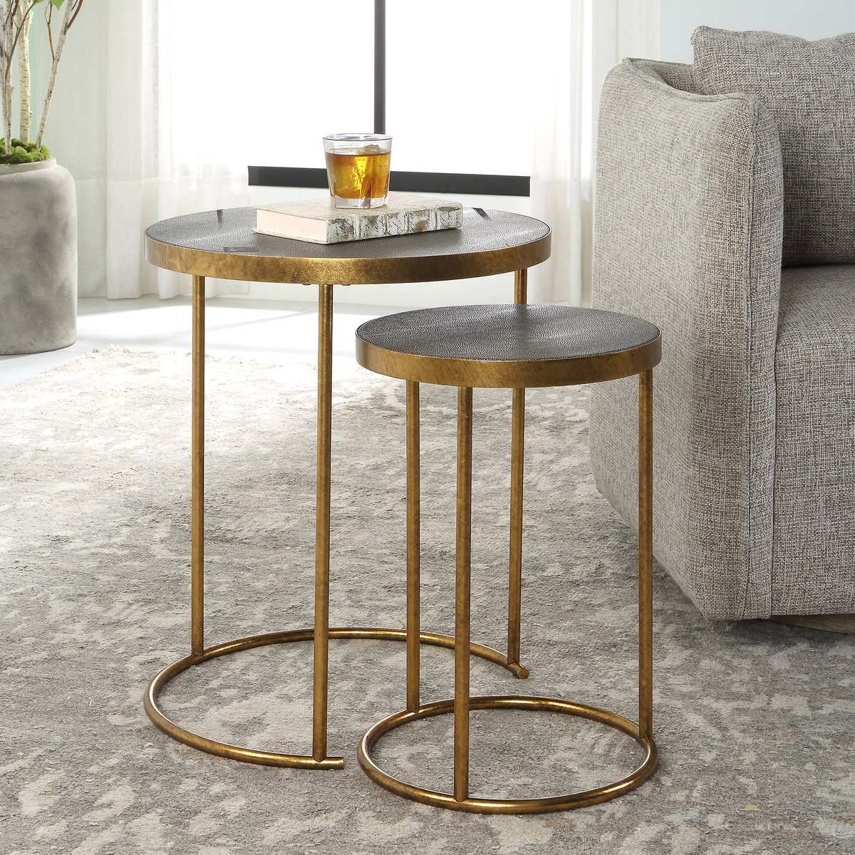 Aragon Brass Nesting Tables Set/2, Coffee Table by Uttermost, 19.5" width x 24" height x 19.5" depth View 2