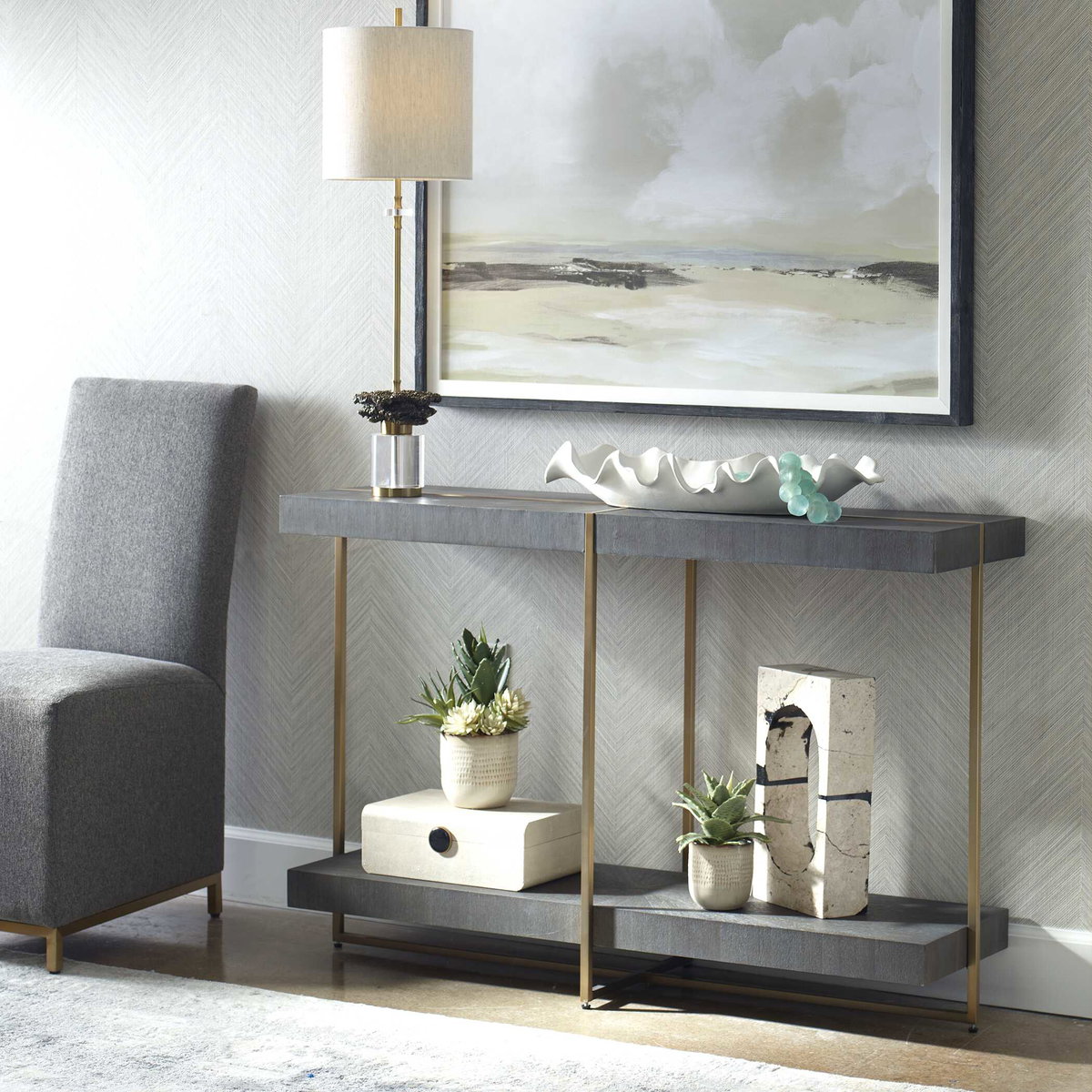 Taja Modern Brass / Wood Console Table, by Uttermost, 47.75" width x 31" height x 14" depth View 4