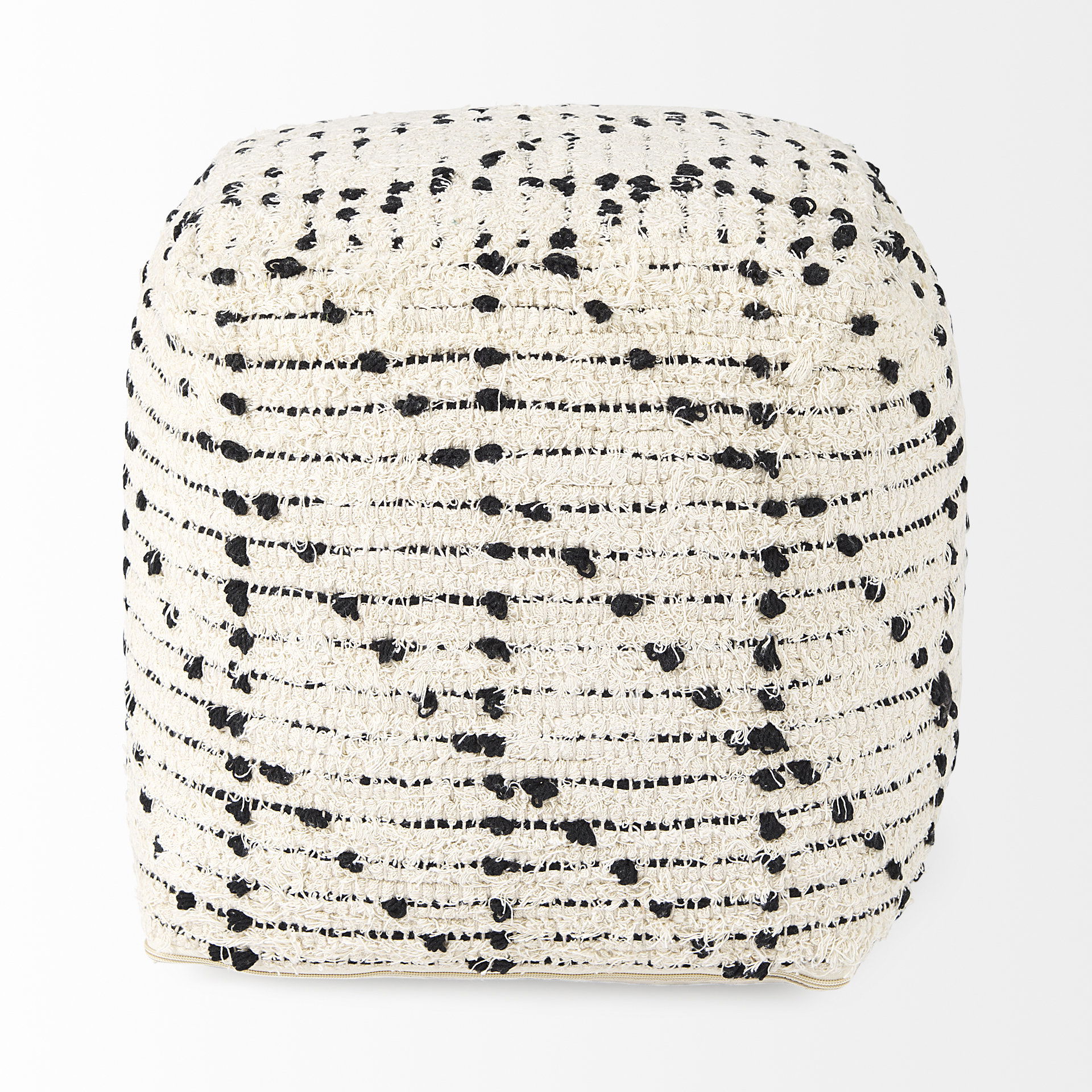 Aarohi  Cream/Black Cotton Patterned Pouf, Ottoman by Mercana, 16" length x 16" width x 16" height View 7