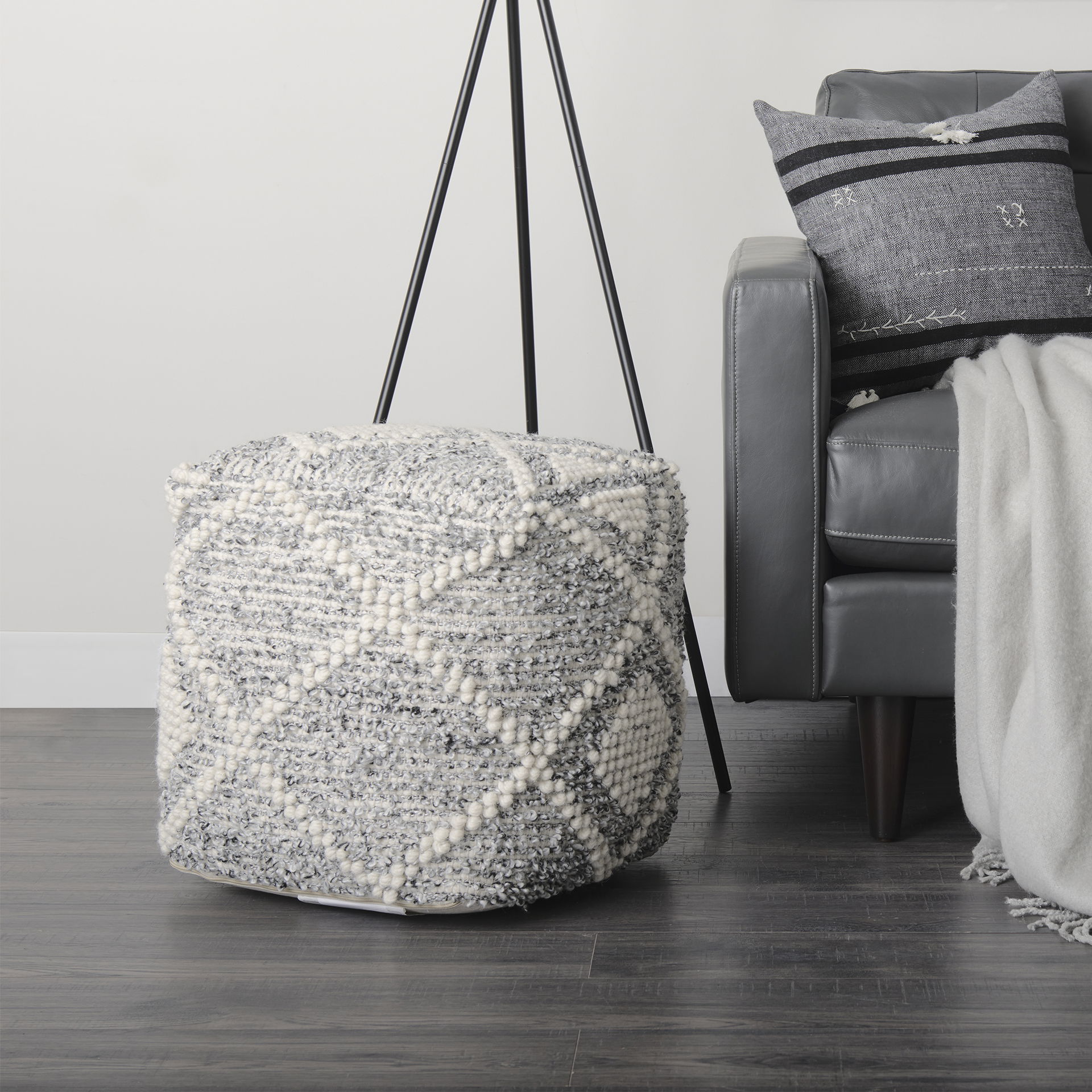 Ekiya   Black/White Yarn and Wool Patterened Pouf, Ottoman by Mercana, 16" length x 16" width x 16" height View 3