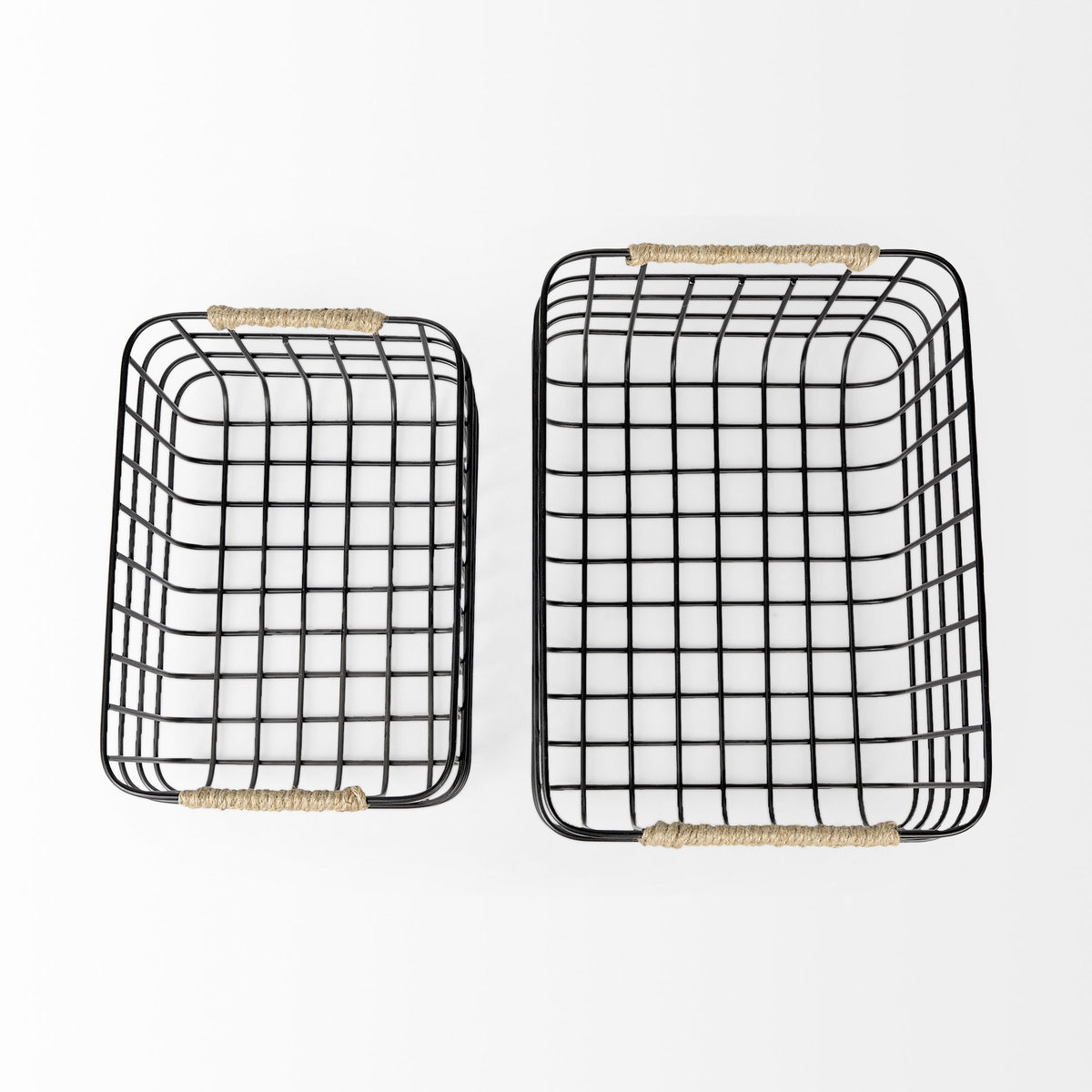 Marius (Set of 2) Matte Black Metal with Rope Trim Rectangular Baskets, Bins & Basket by Mercana, 20.87" length x 15.16" width x 12.2" height View 4