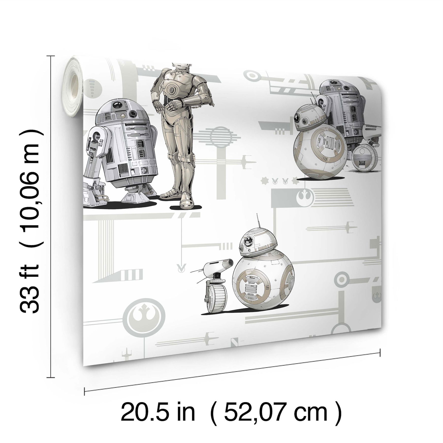 Star Wars: The Rise of Skywalker, Droids! Black & White Wallpaper, by York Wall, 33' length x 1'8.5" width x 0.02" depth View 6