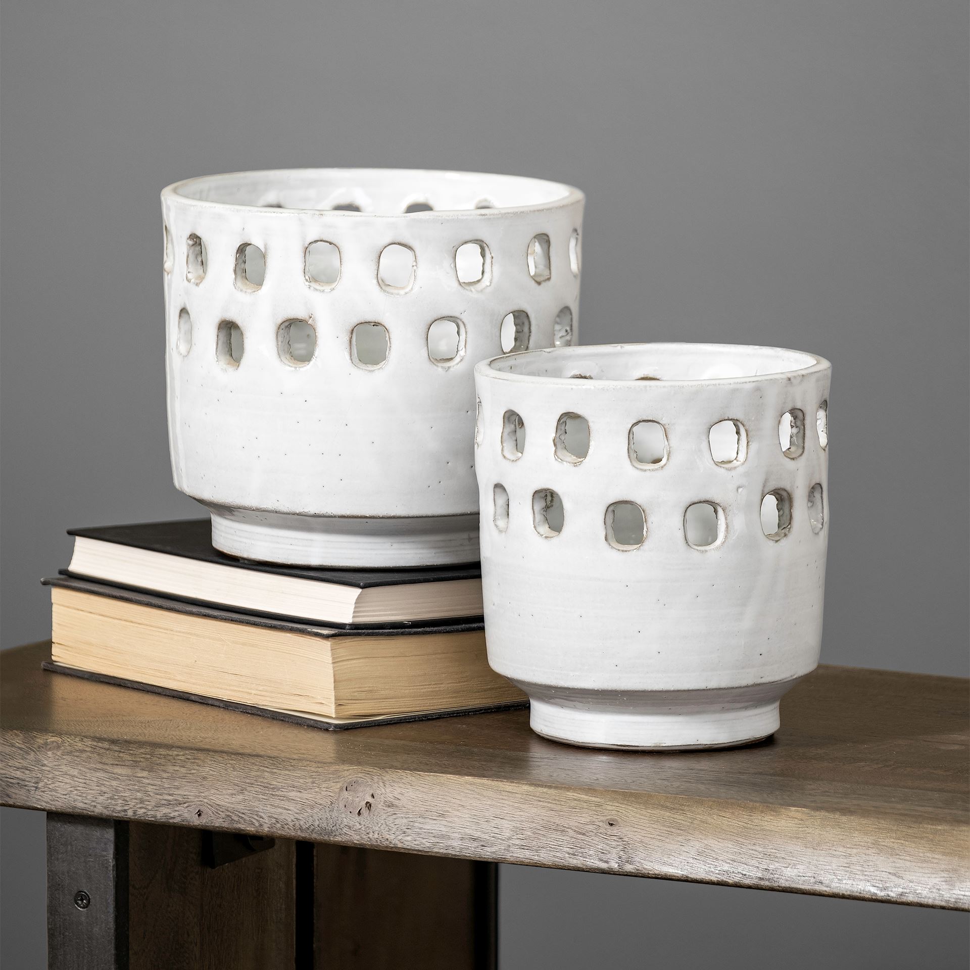 Larissa Set of Two White Ceramic Hollow Pattern Vases large image 