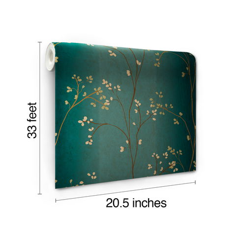 Vertical Blossoms Teal Metallic Wallpaper