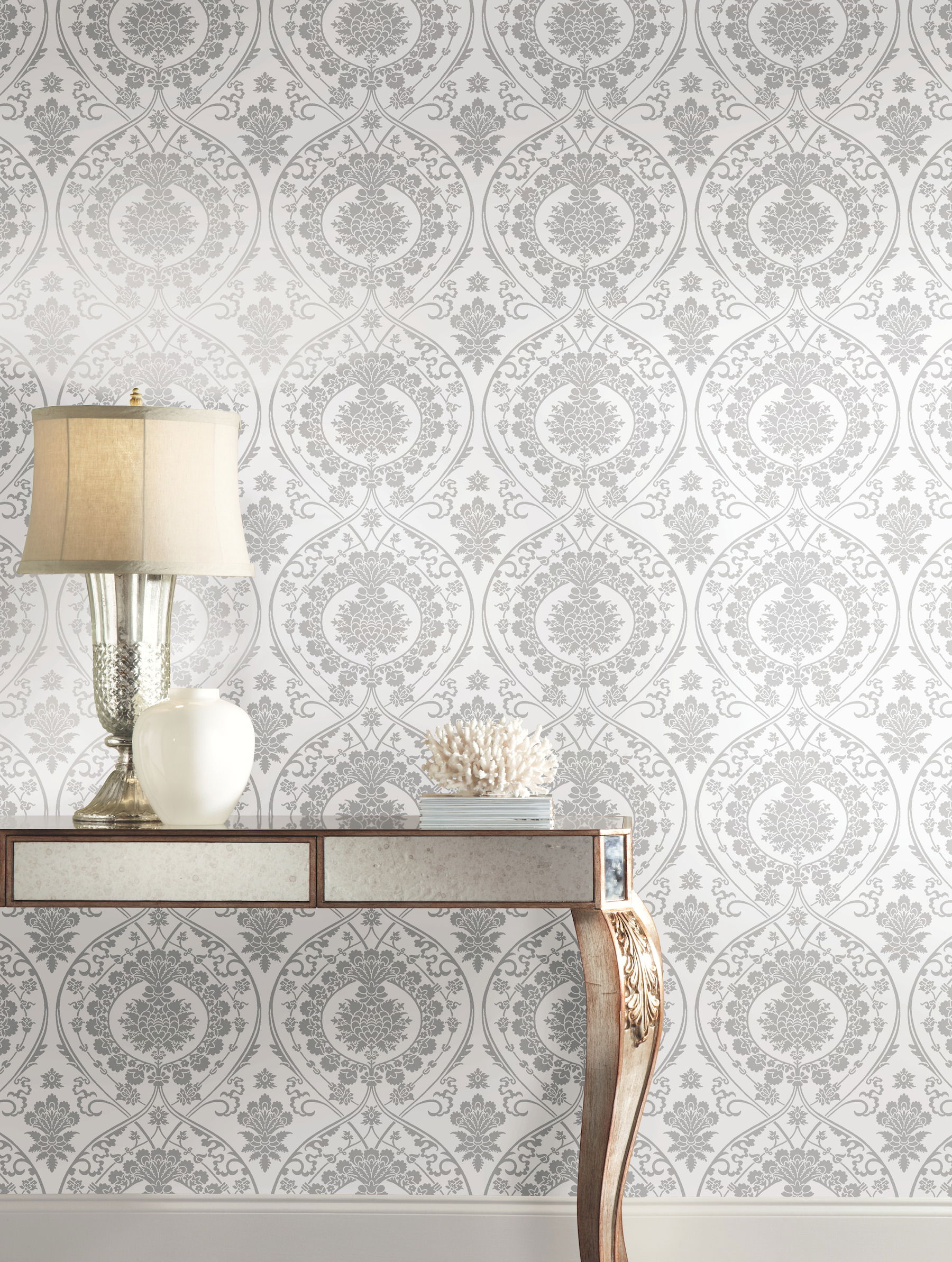 Imperial Damask White & Silver Wallpaper large image 