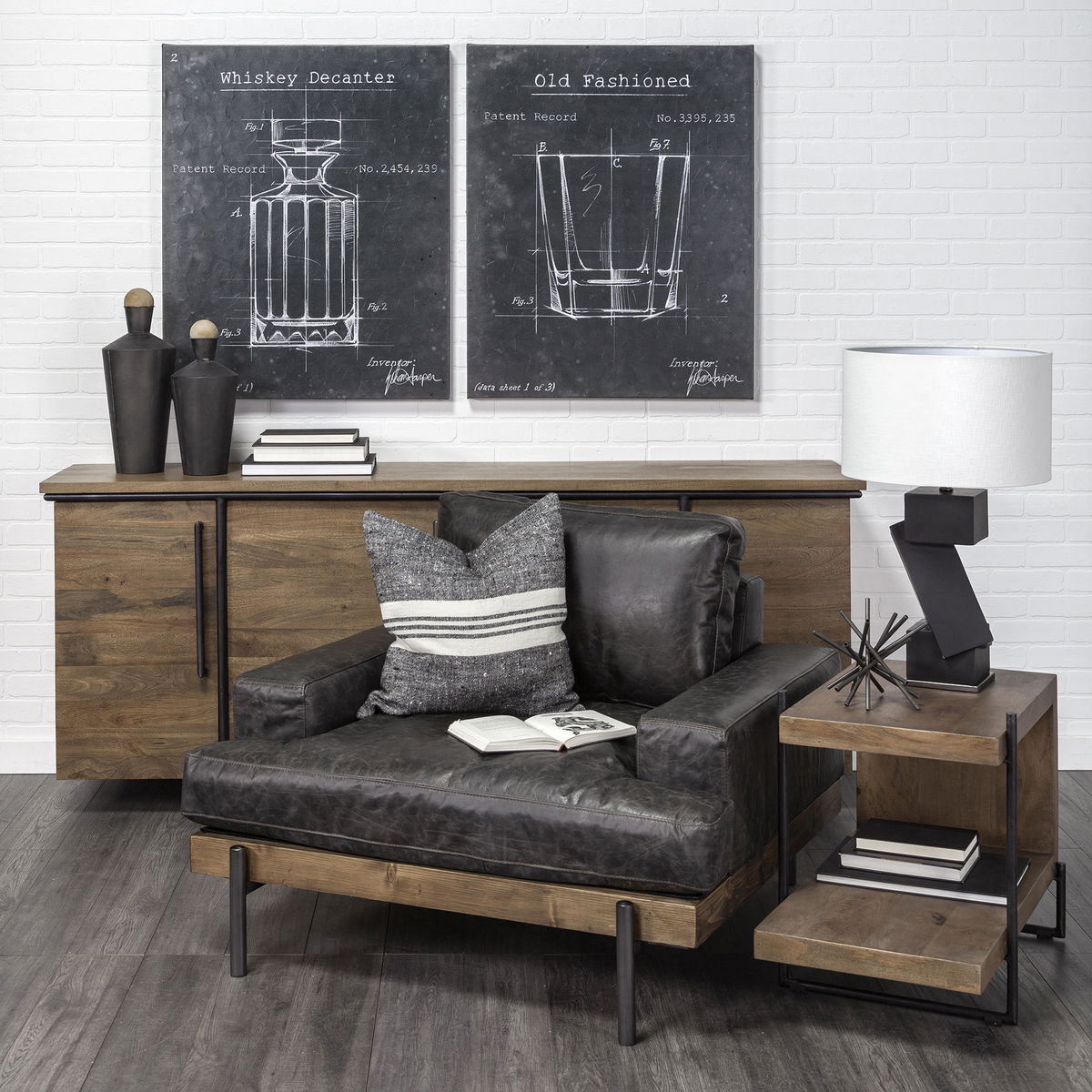 Maddox 30L x 18W x 22H Medium Brown Wood with Black Metal U-shaped End/Side Table, Side & End Table by Mercana, 30" length x 17.5" width x 22.5" height View 2