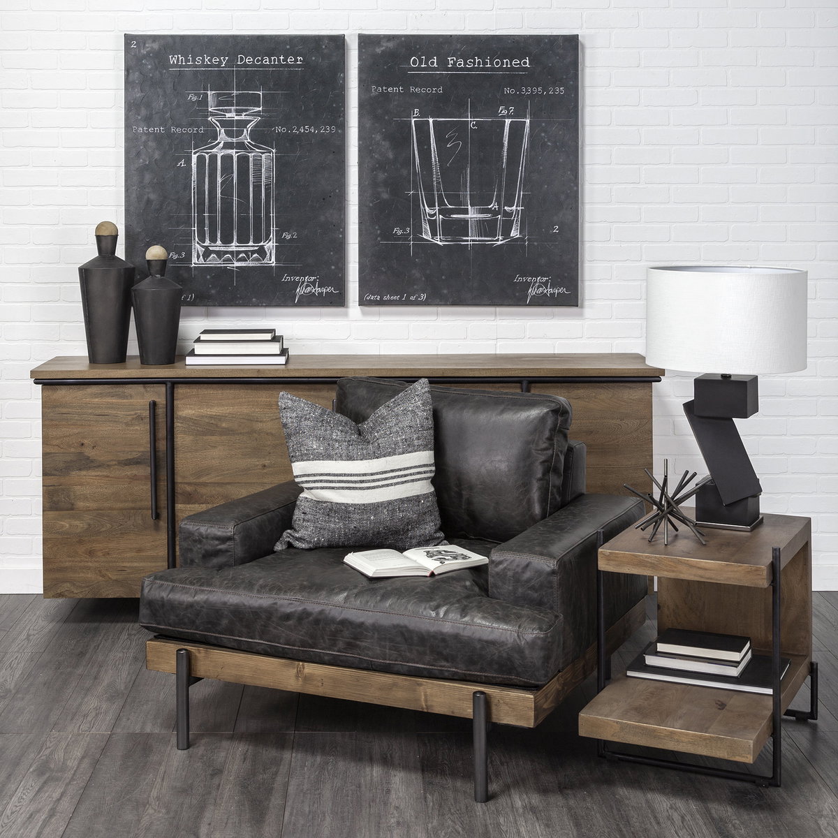 Maddox 30L x 18W x 22H Medium Brown Wood with Black Metal U-shaped End/Side Table, Side & End Table by Mercana, 30" length x 17.5" width x 22.5" height View 2