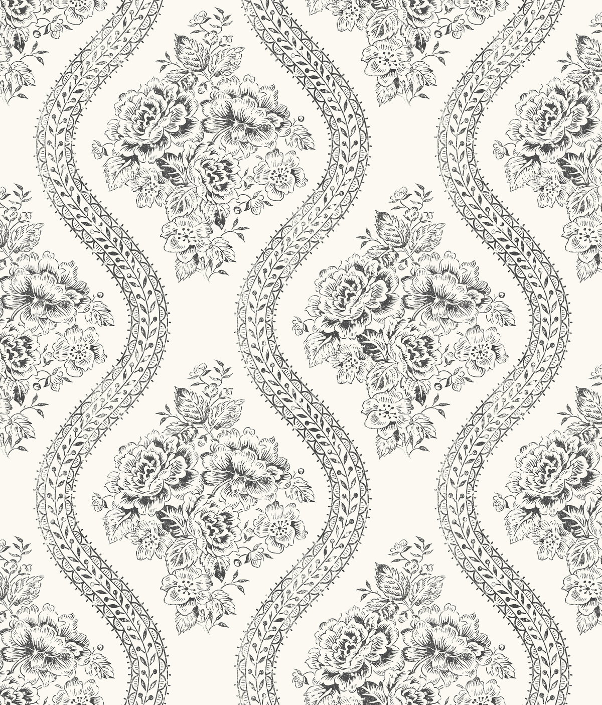 Coverlet Floral Black & Off White Wallpaper, by York Wall, 33' length x 1'8.5" width x 0.02" depth