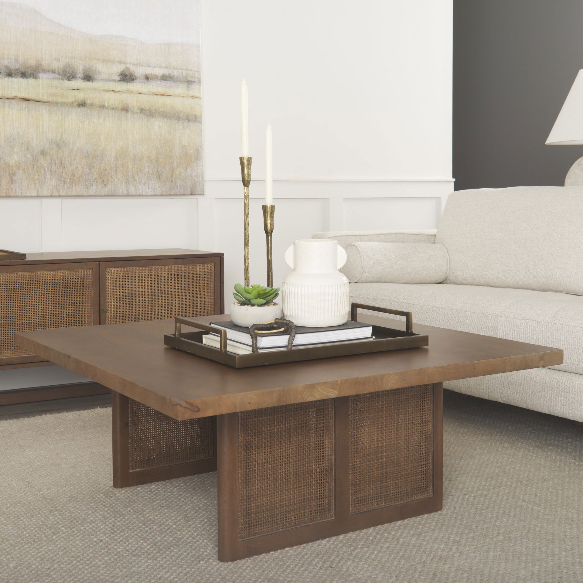 Grier  42' Square Medium Brown Solid Wood with Cane Coffee Table, by Mercana, 42" length x 42" width x 17" height View 2