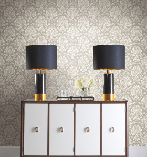 Block Print Damask Grey Wallpaper