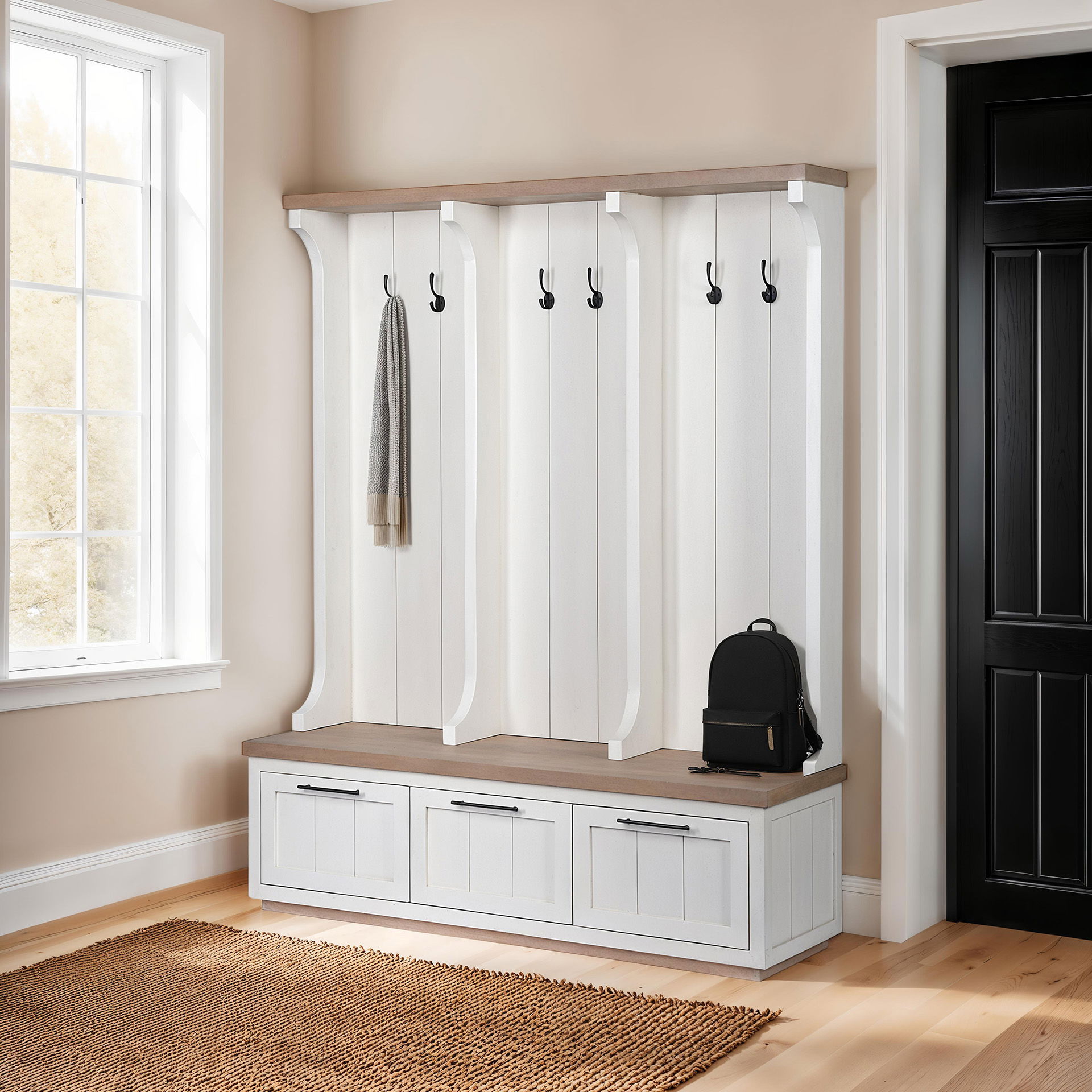 Fairview IV 61L x 17W White And Brown Wood With Storage Hall Tree, Entry & Hallway by Mercana, 61" length x 18" width x 76" height View 2