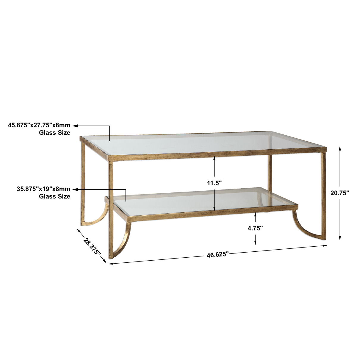 Katina Gold Leaf Coffee Table, by Uttermost, 46.62" width x 20.75" height x 28.37" depth View 3