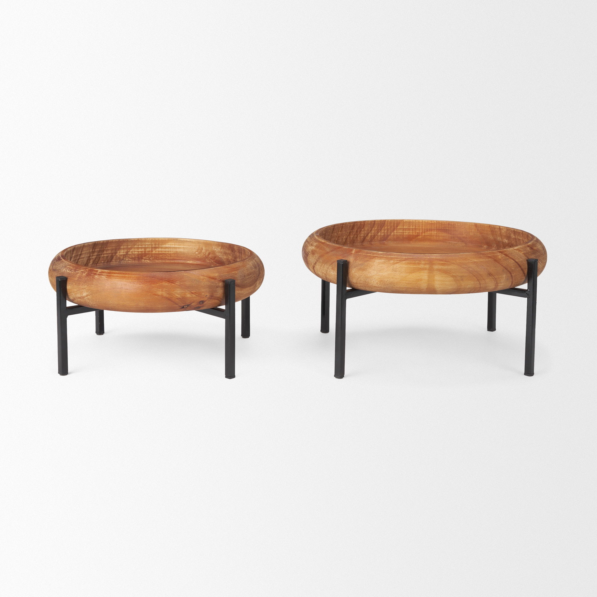 Wally Round Medium Brown Wood with Matte Black Metal Stand Trays, Decorative Tray by Mercana, 14.25" length x 14.25" width x 6.75" height View 3