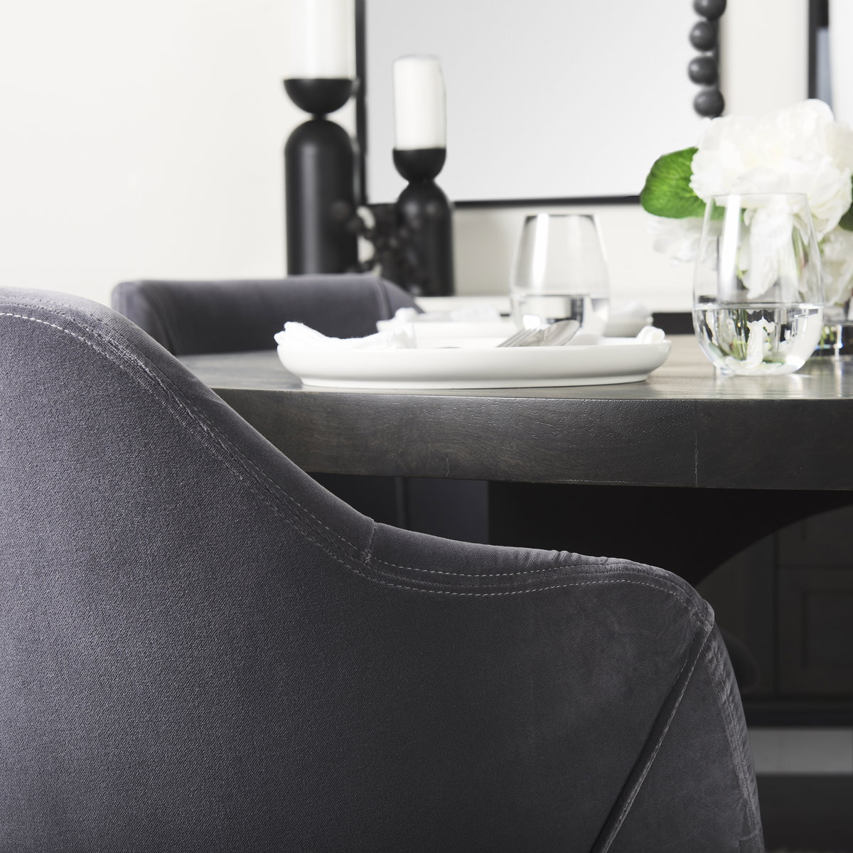 Ronald Curved Back Dining Side Chair | Grey Velvet with Black Wood, Dining Chair by Mercana, 23.25" length x 21.75" width x 32.25" height View 4