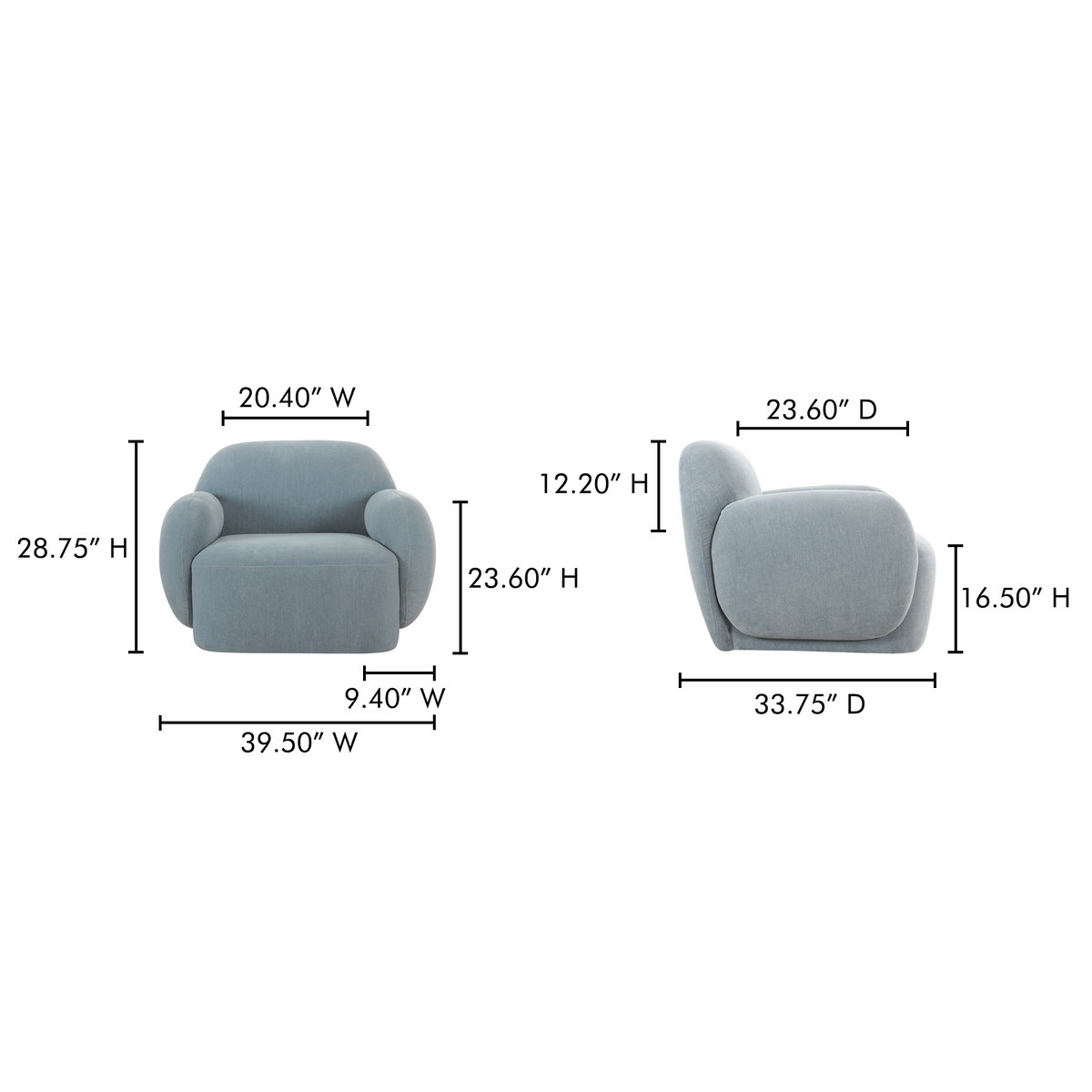 Hazel Lounge Chair Light Blue, Accent Chair by Moe's Home, 39.5" width x 28.75" height x 33.75" depth View 9