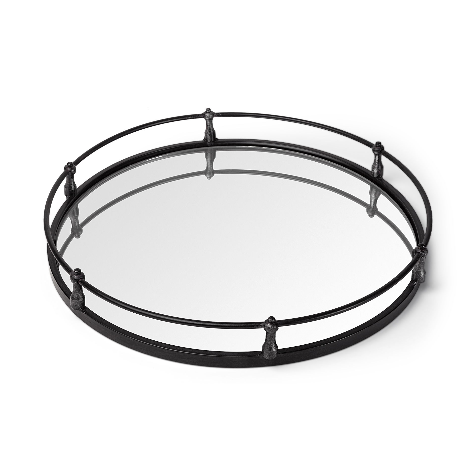 Kimbel 24L x 24W Black Metal Mirrored Base Round Tray, Decorative Tray by Mercana, 24" length x 24.02" width x 5" height View 1