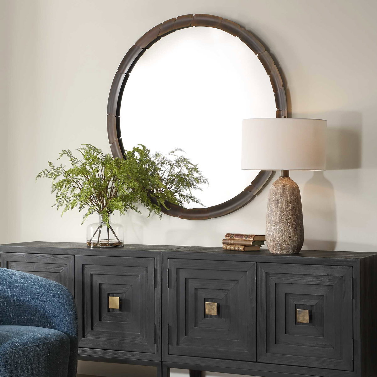 Auger Amber Glass Round Mirror, by Uttermost, 44.75" width x 44.75" height x 1.5" depth View 4