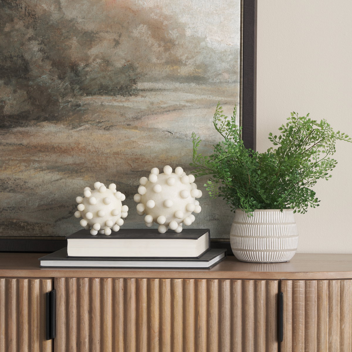 Malo  Cream Resin Small Sphere Decorative Object, by Mercana, 4.72" length x 4.72" width x 4.72" height View 2