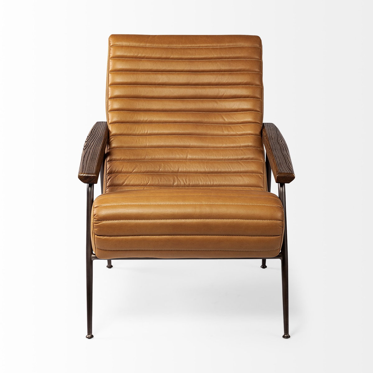 Grosjean Brown Leather Wrap Metal Frame Accent Chair, by Mercana, 27.56" length x 37.01" width x 34.65" height View 5
