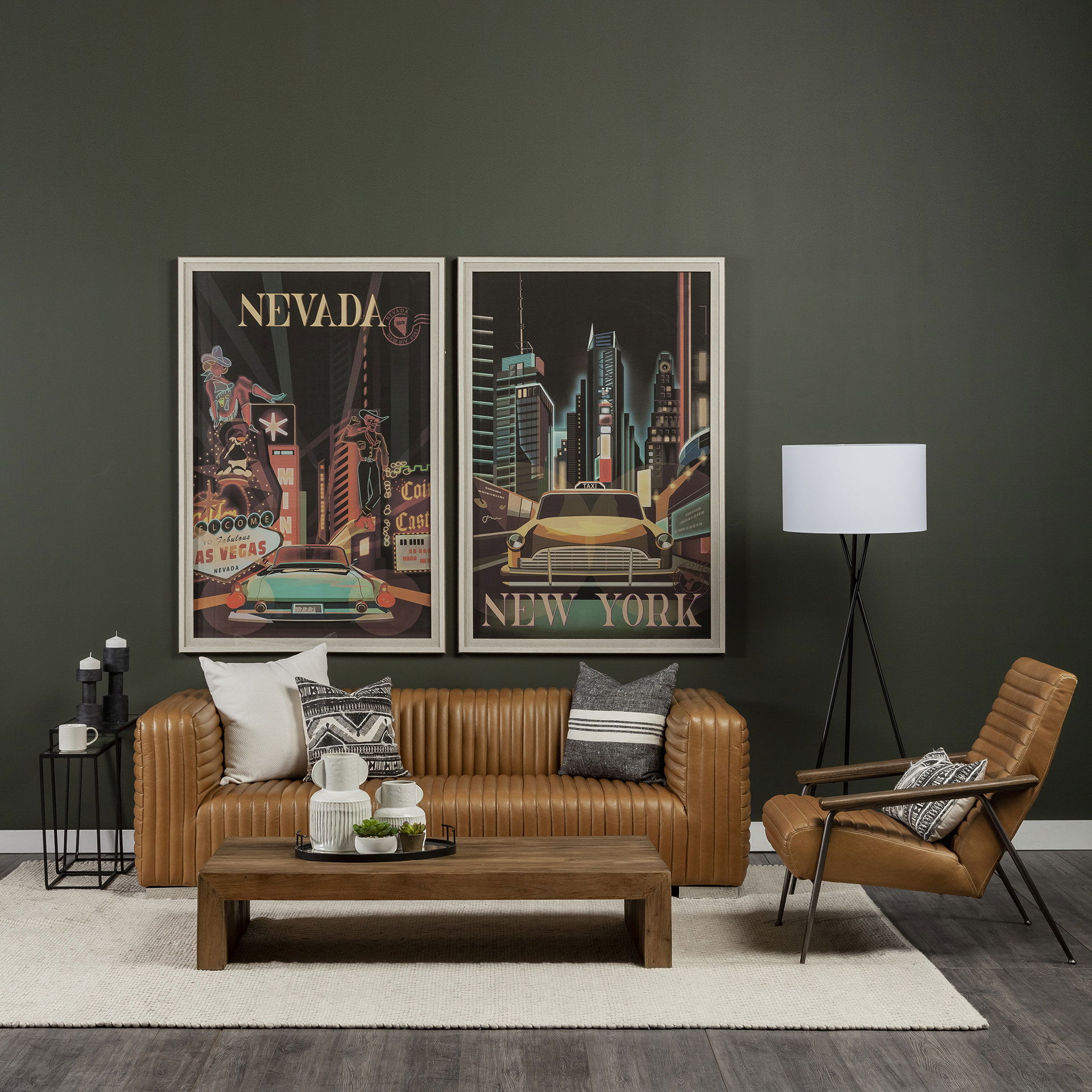 Grosjean Brown Leather Wrap Metal Frame Accent Chair, by Mercana, 27.56" length x 37.01" width x 34.65" height View 2