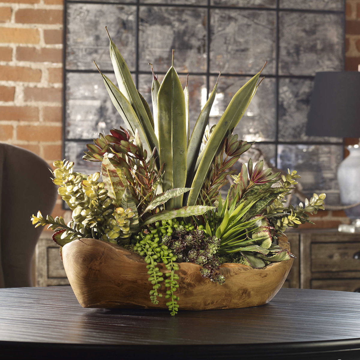 Salar Succulents In Teak Bowl, Artificial Plants & Flower by Uttermost, 22" width x 20" height x 12" depth View 2