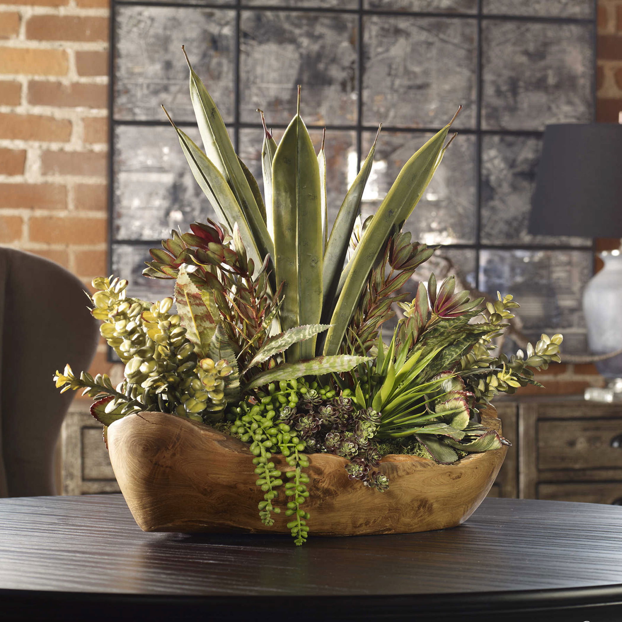 Salar Succulents In Teak Bowl, Decorative by Uttermost, 22" width x 20" height x 12" depth View 2