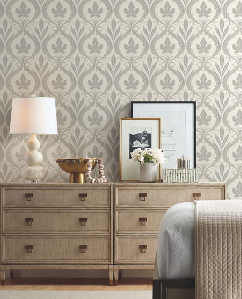 Adirondack Damask Grey & Beige Wallpaper