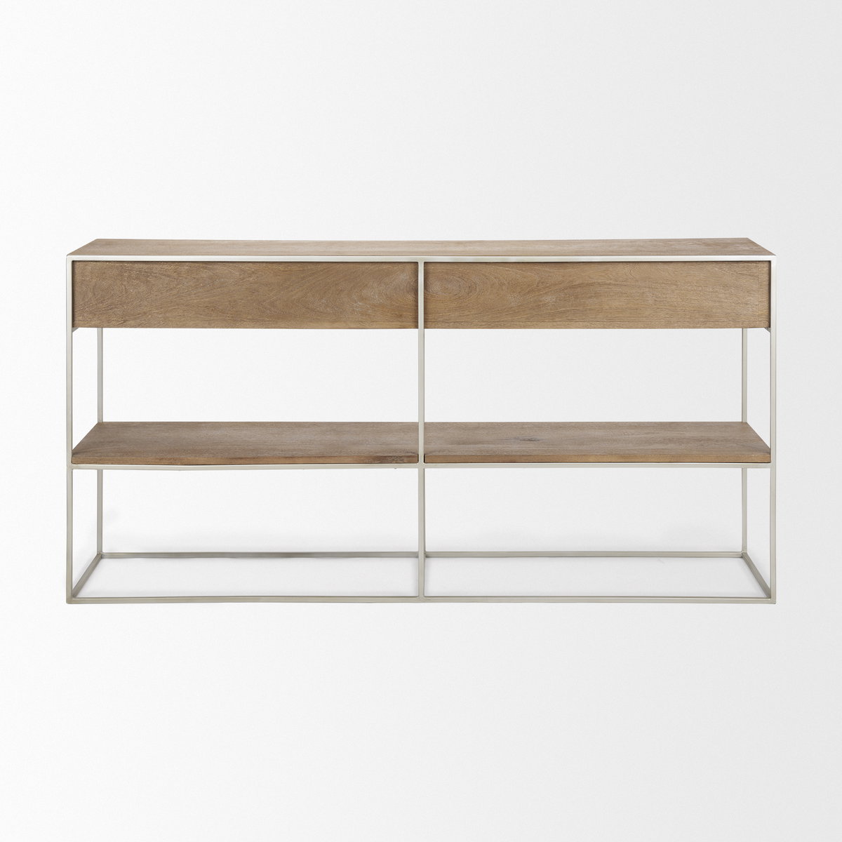 Morris I 63L x 15W x 31H Brown Wood with Silver Metal Frame 2 Drawer Console Table, by Mercana, 63" length x 15" width x 31" height View 6