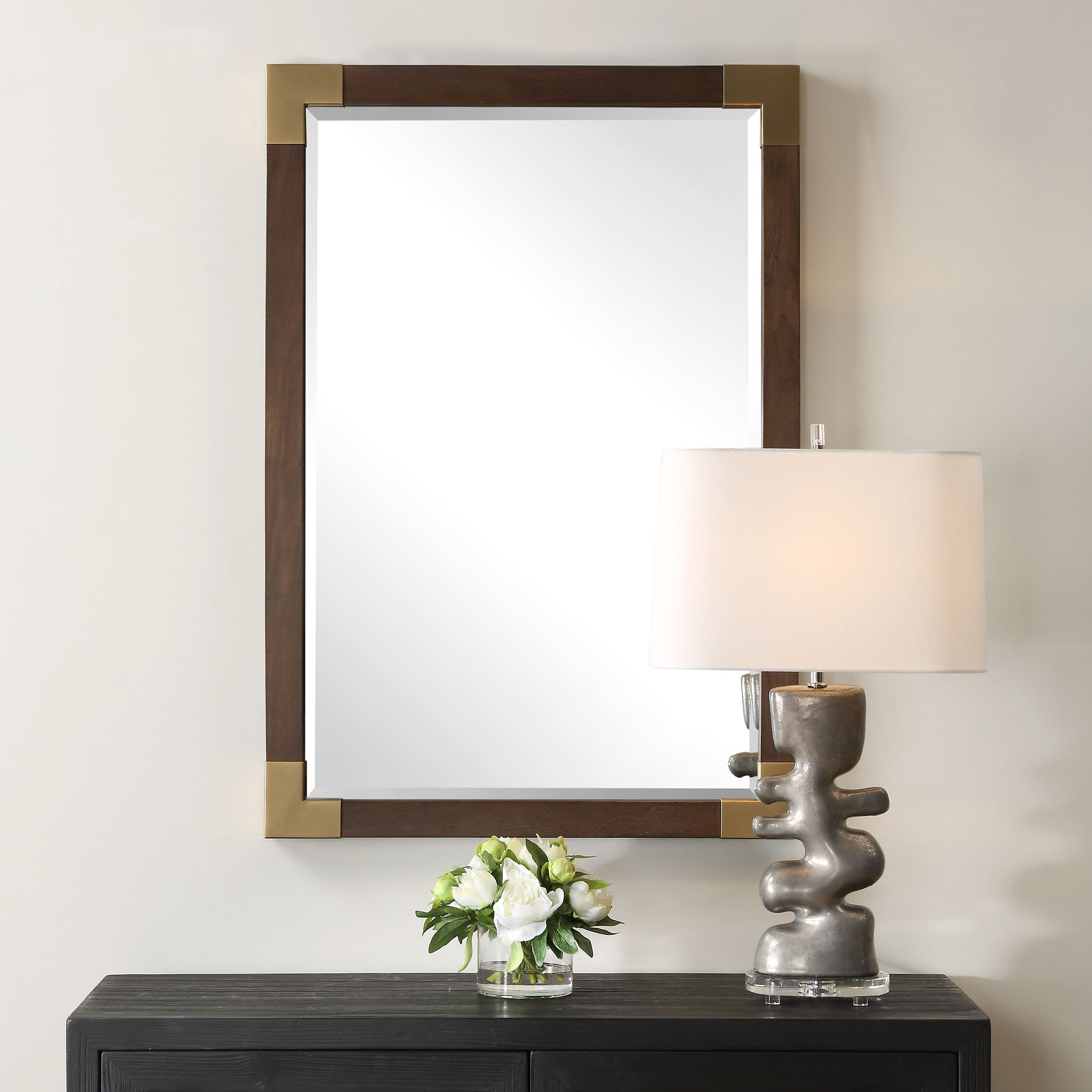 Rhea Walnut Mirror, by Uttermost, 27.5" width x 39.37" height x 1.62" depth View 2