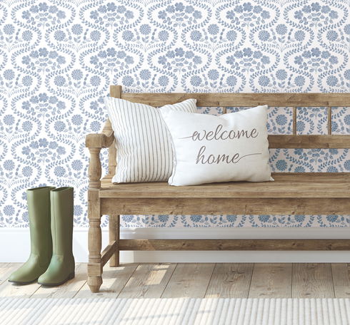 Folksy Floral Blue & White Wallpaper