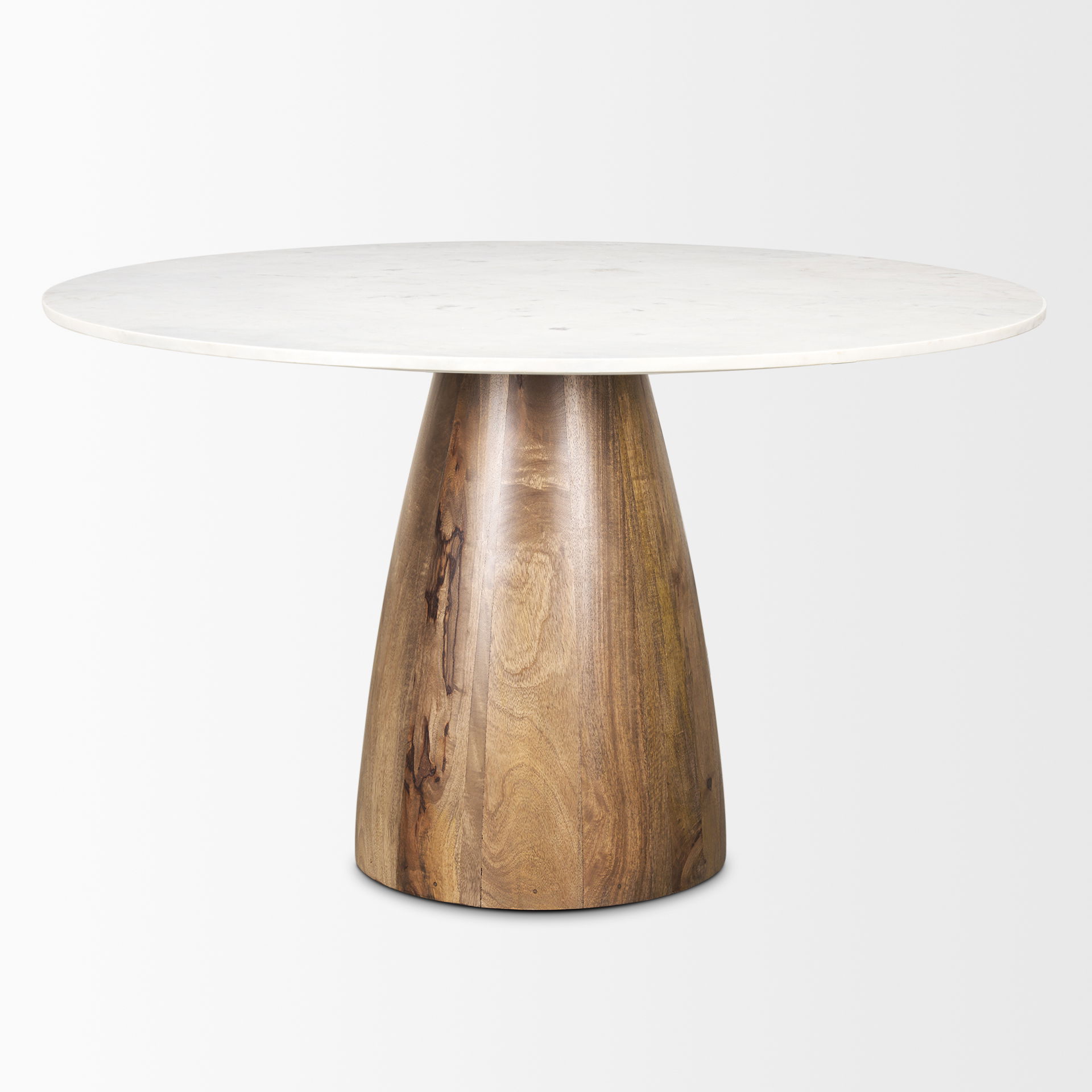 Allyson 48' Round Brown Wood Pedestal with White Marble Top Dining Table, by Mercana, 48" length x 48" width x 30" height View 5