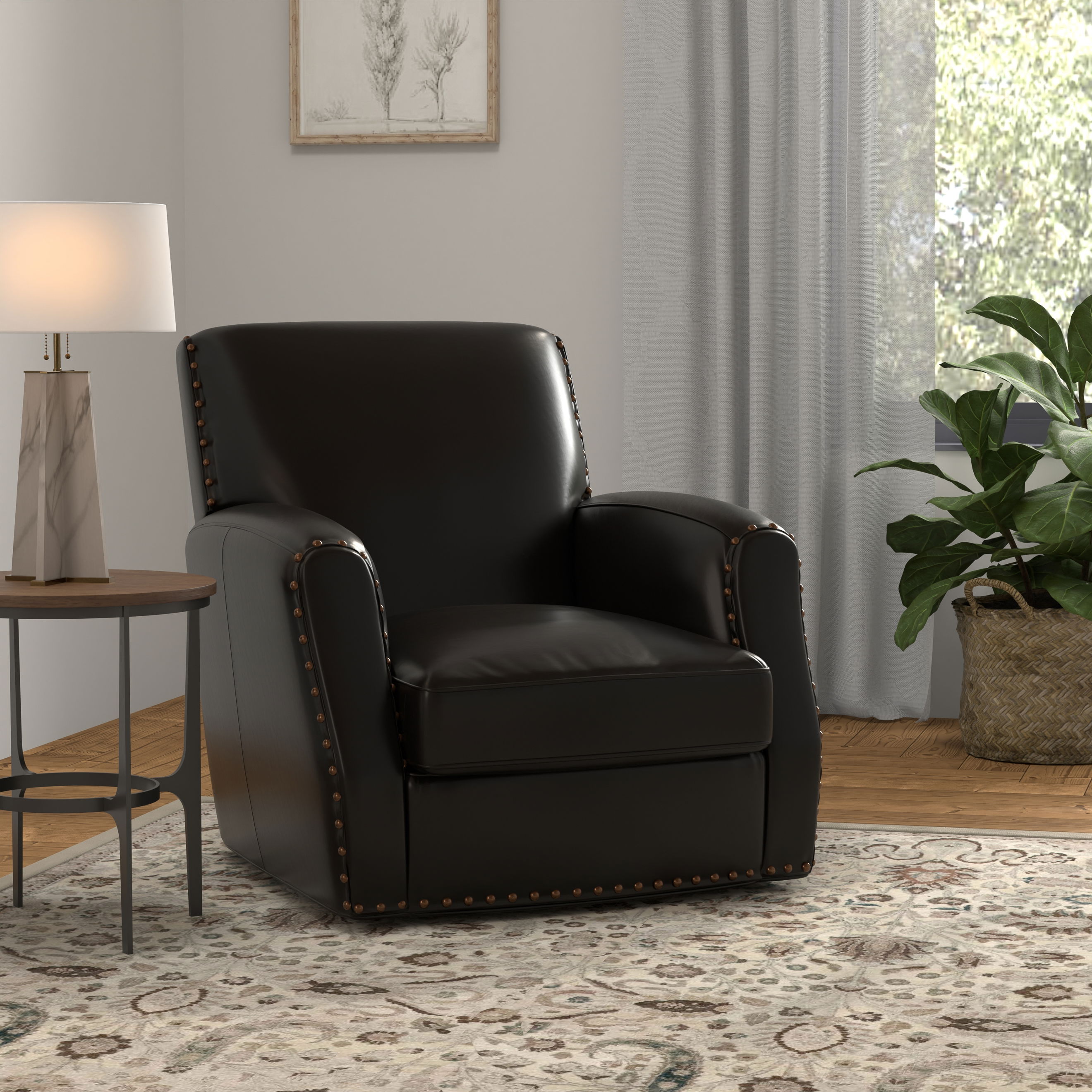 Taft Leather Swivel Chair, Onyx Black, Seating by Sarreid, 32" length x 30" width x 33" height View 14