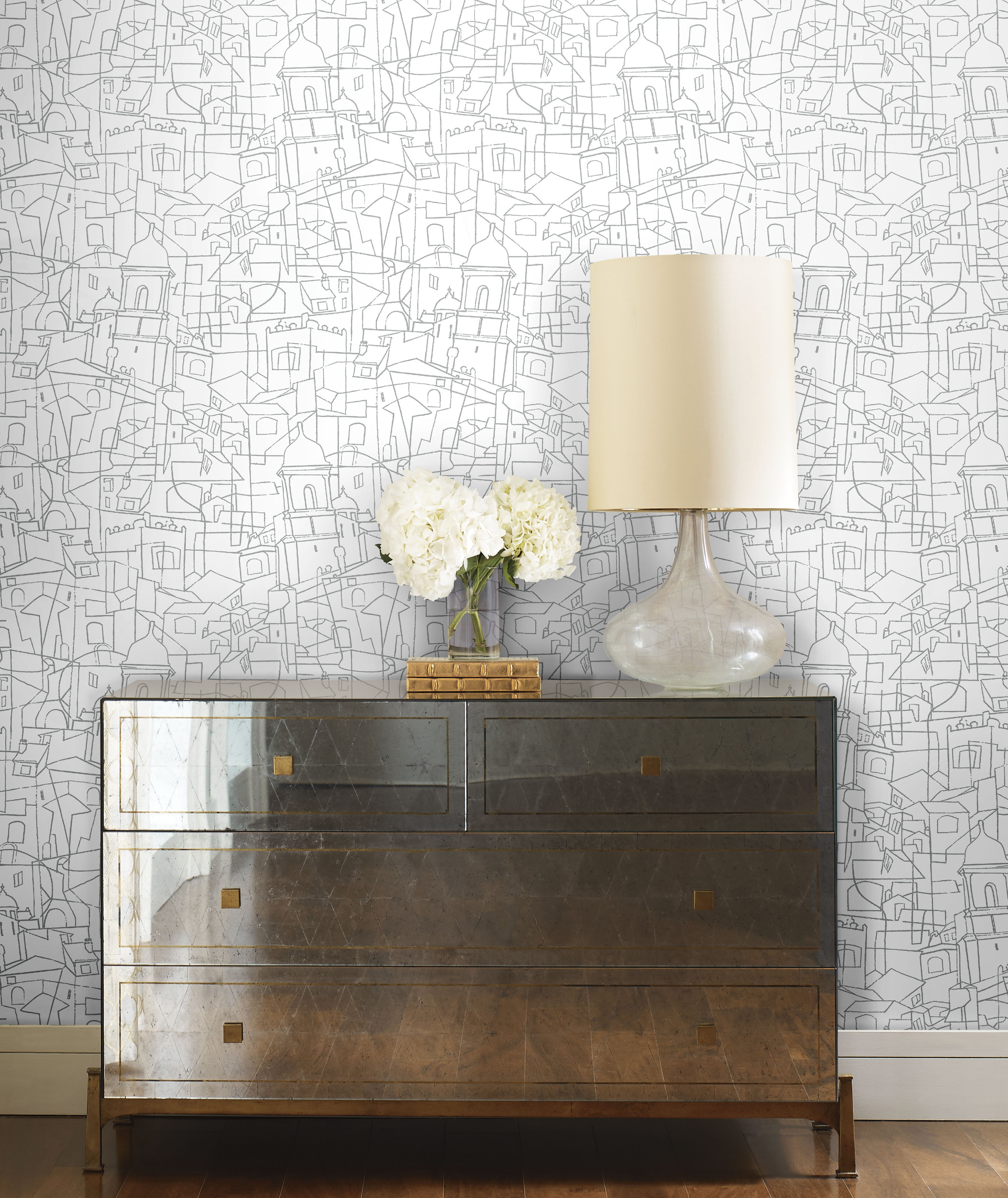 Cubist Cityscape Grey Peel & Stick Wallpaper large image 
