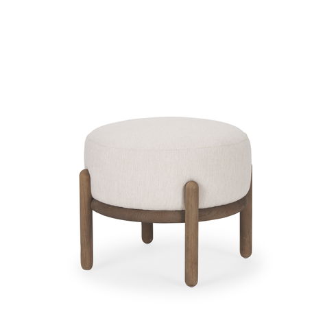 Gwynn Oatmeal Fabric with Dark Brown Wood Pouf