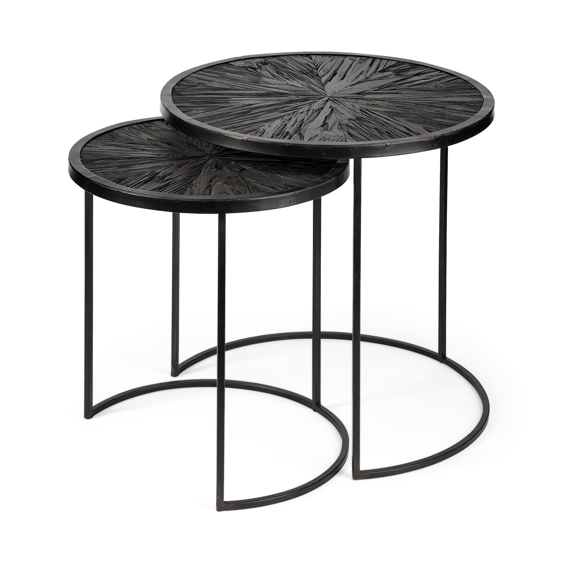 Chakra 19.7' Set of Two Round Dark Wood Top Black Frame Accent Tables, Side & End Table by Mercana, 19.69" length x 19.69" width x 19.69" height View 1