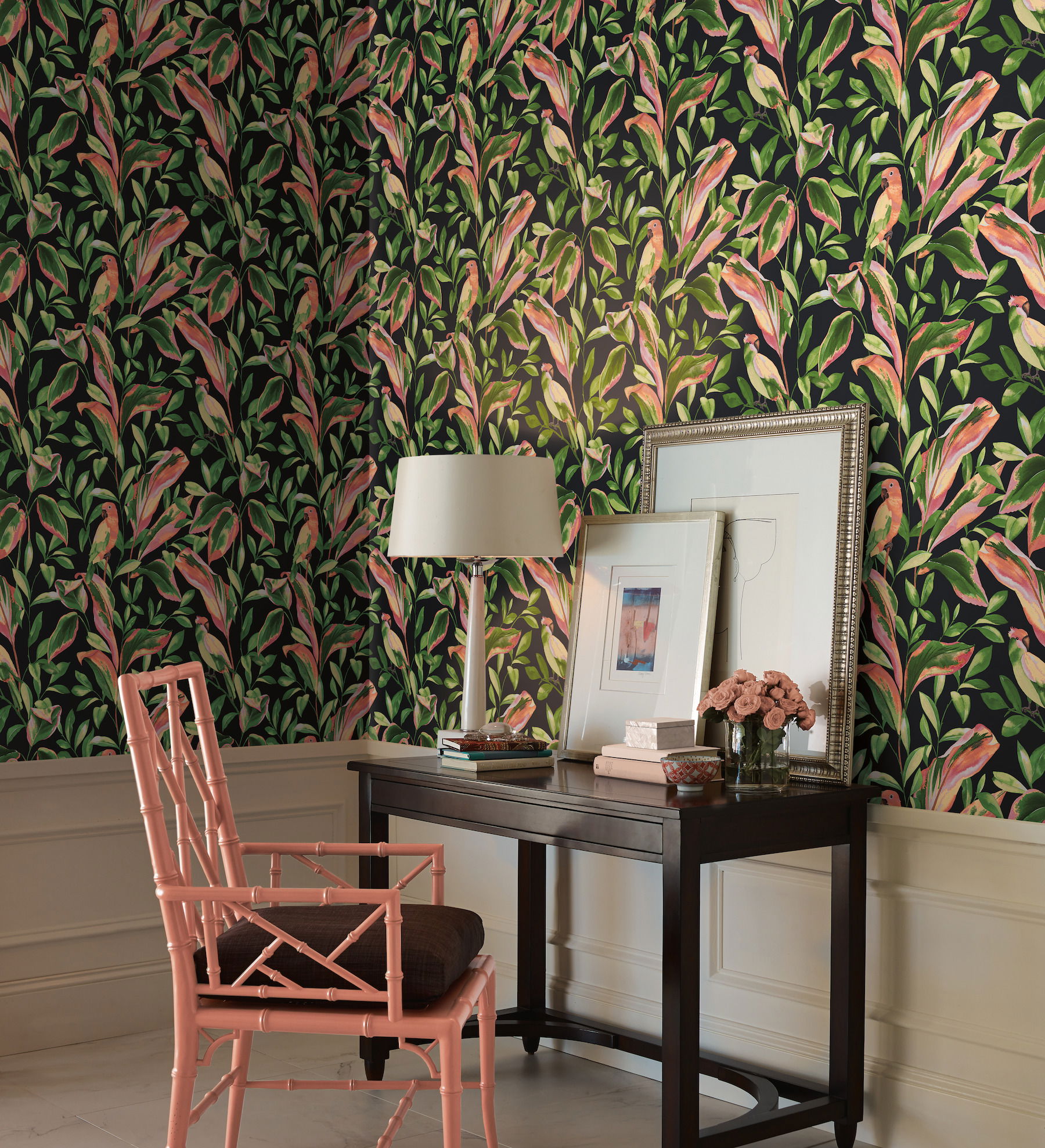 Tropical Love Birds Black Wallpaper large image 