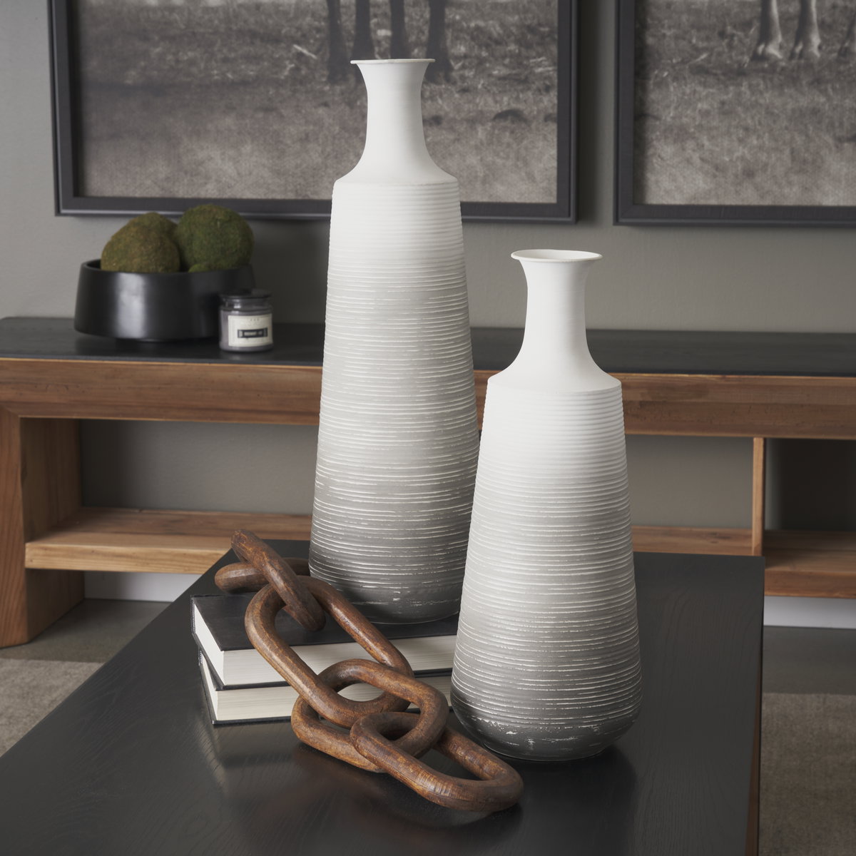 Toru Tall White with Grey Ombre Metal Vase, by Mercana, 7.87" length x 7.87" width x 23.62" height View 3