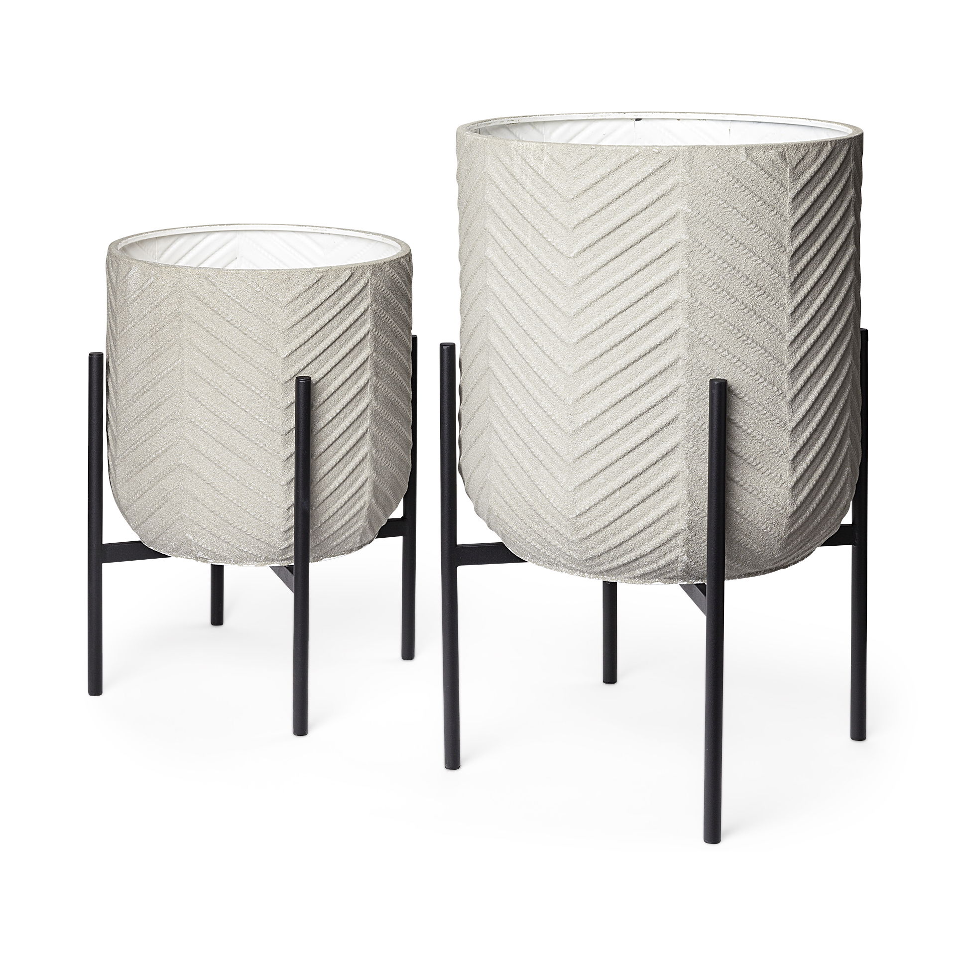 Mabel Set of Two 15.4 x 24.8 Eggshell Metal Top with Black Iron Base Plant Stands, Planter by Mercana, 15.35" length x 15.35" width x 24.8" height View 1