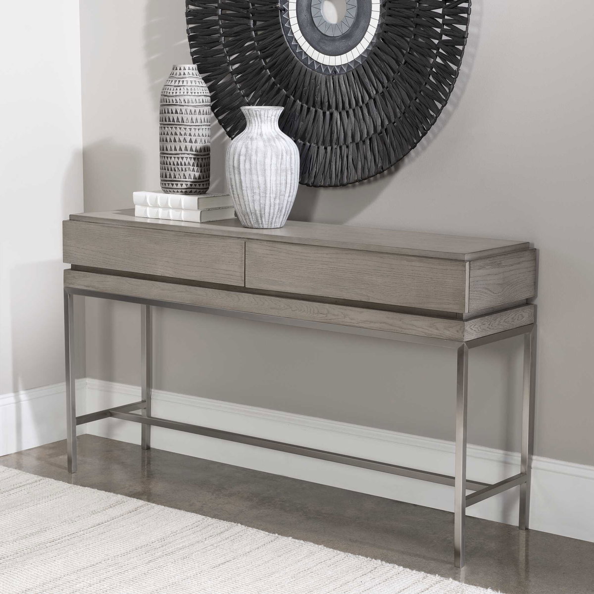 Kamala Gray Oak Console Table, by Uttermost, 54" width x 30" height x 13.5" depth View 4