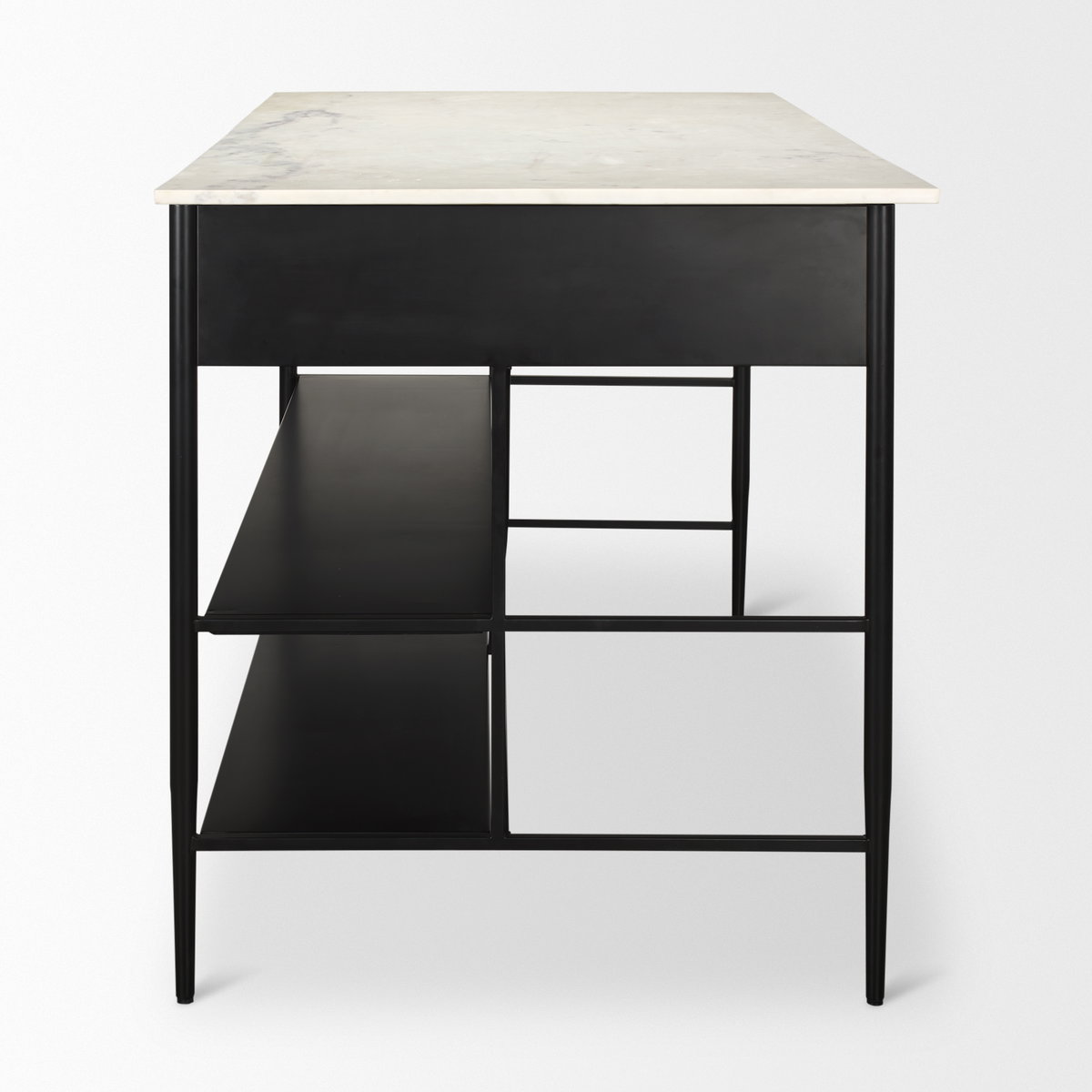 Amika White Marble Top Black Metal Base Kitchen Island, by Mercana, 62" length x 34" width x 36" height View 7