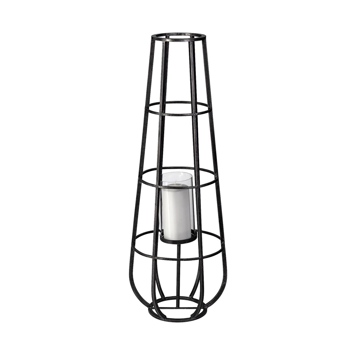 Bella Large Black Metal Cylindrical Cage Candle Holder Lantern, Lighting by Mercana, 14.17" length x 13.19" width x 39.96" height View 1