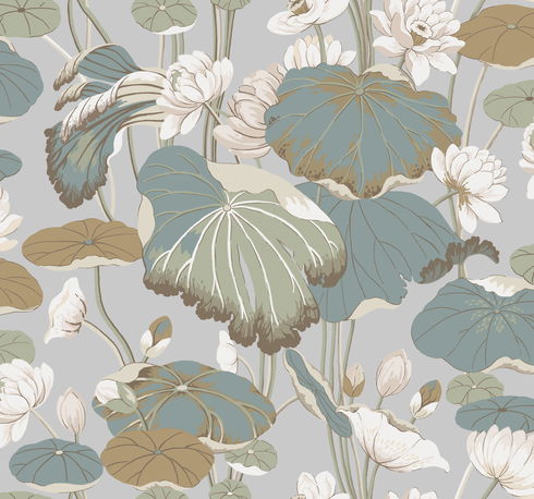Lotus Pond Grey & Blue Wallpaper