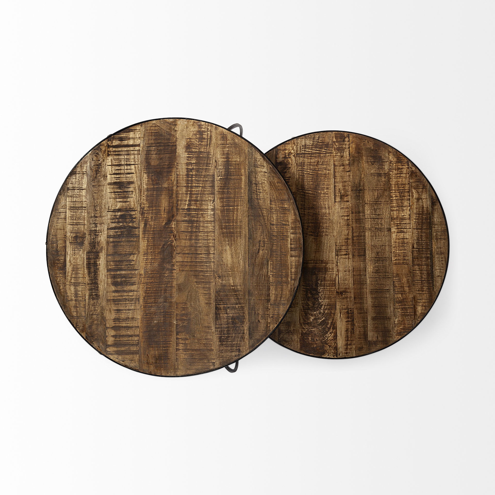 Clapp I Set of 2 (41' & 38') Round Brown Wood Top Black Iron Base Nesting Coffee Tables, by Mercana, 44" length x 44" width x 20" height View 9