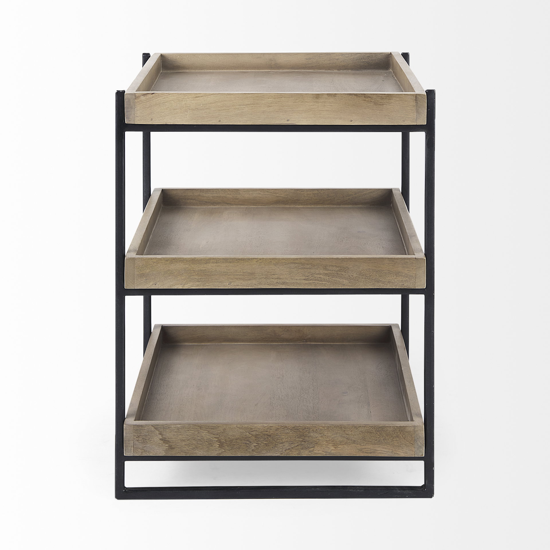 Trey III 20' x 26' Square Medium Brown Wooden Three-Tiered Black Iron Frame End/Side Table, Side & End Table by Mercana, 20" length x 20" width x 26" height View 7