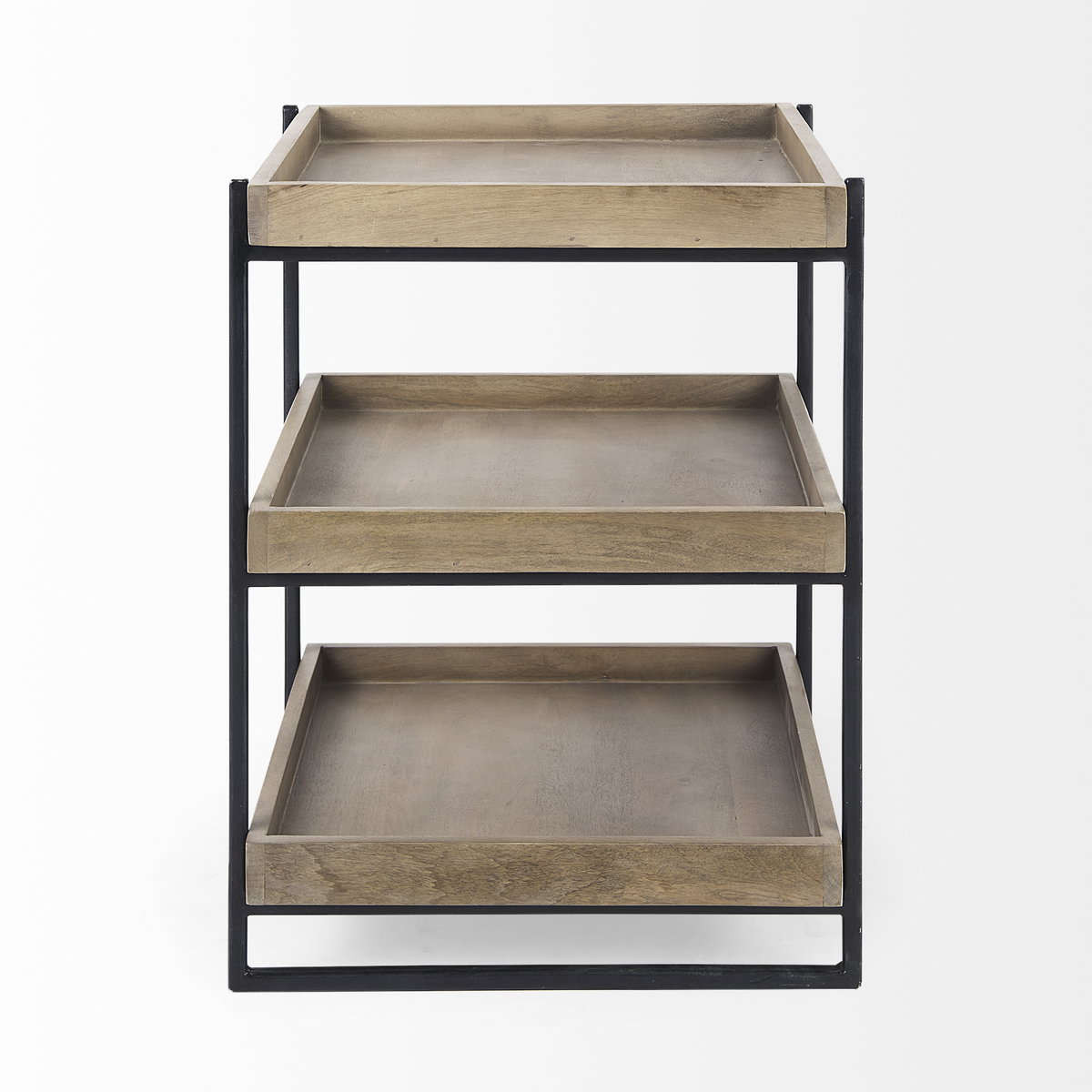 Trey III 20' x 26' Square Medium Brown Wooden Three-Tiered Black Iron Frame End/Side Table, Side & End Table by Mercana, 20" length x 20" width x 26" height View 7