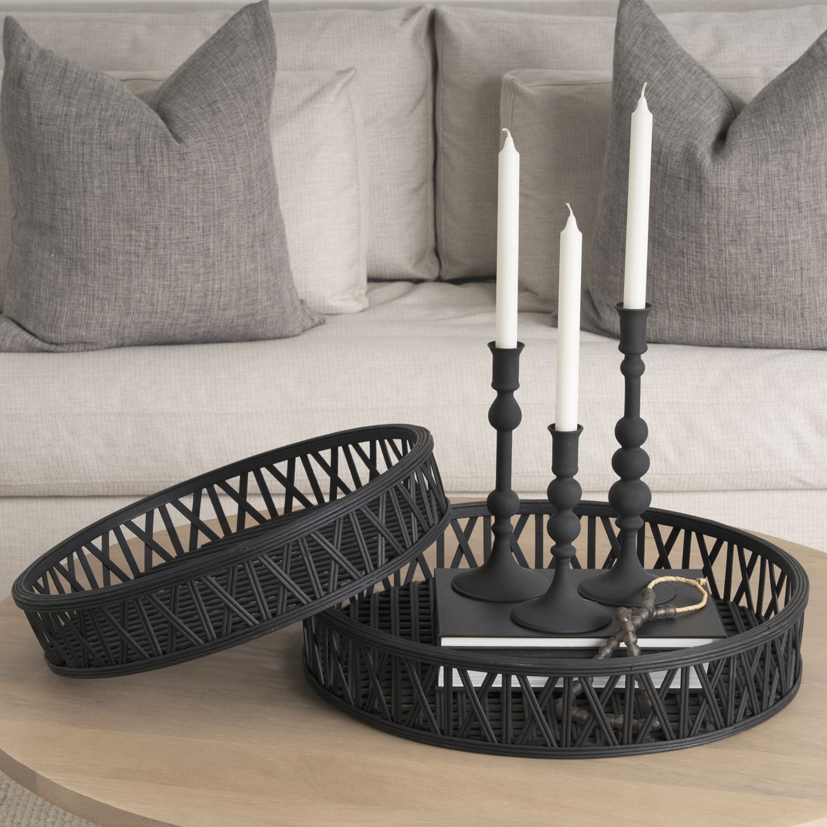Thea Matte Black Wicker Trays (Set of 2), Decorative Tray by Mercana, 20.47" length x 20.47" width x 3.94" height View 2